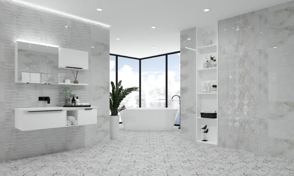RLV Marmi Gris ceramic tiles fitted in a room, marble-effect, gloss & polished