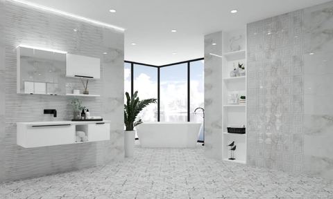 RLV Marmi Gris ceramic tiles fitted in a room, marble-effect, gloss & polished