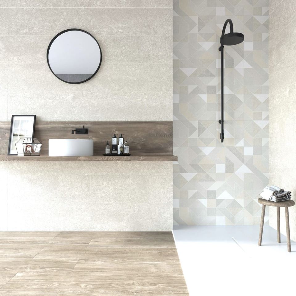 Rodano Marfil ceramic tiles fitted in a room, cream & beige, satin