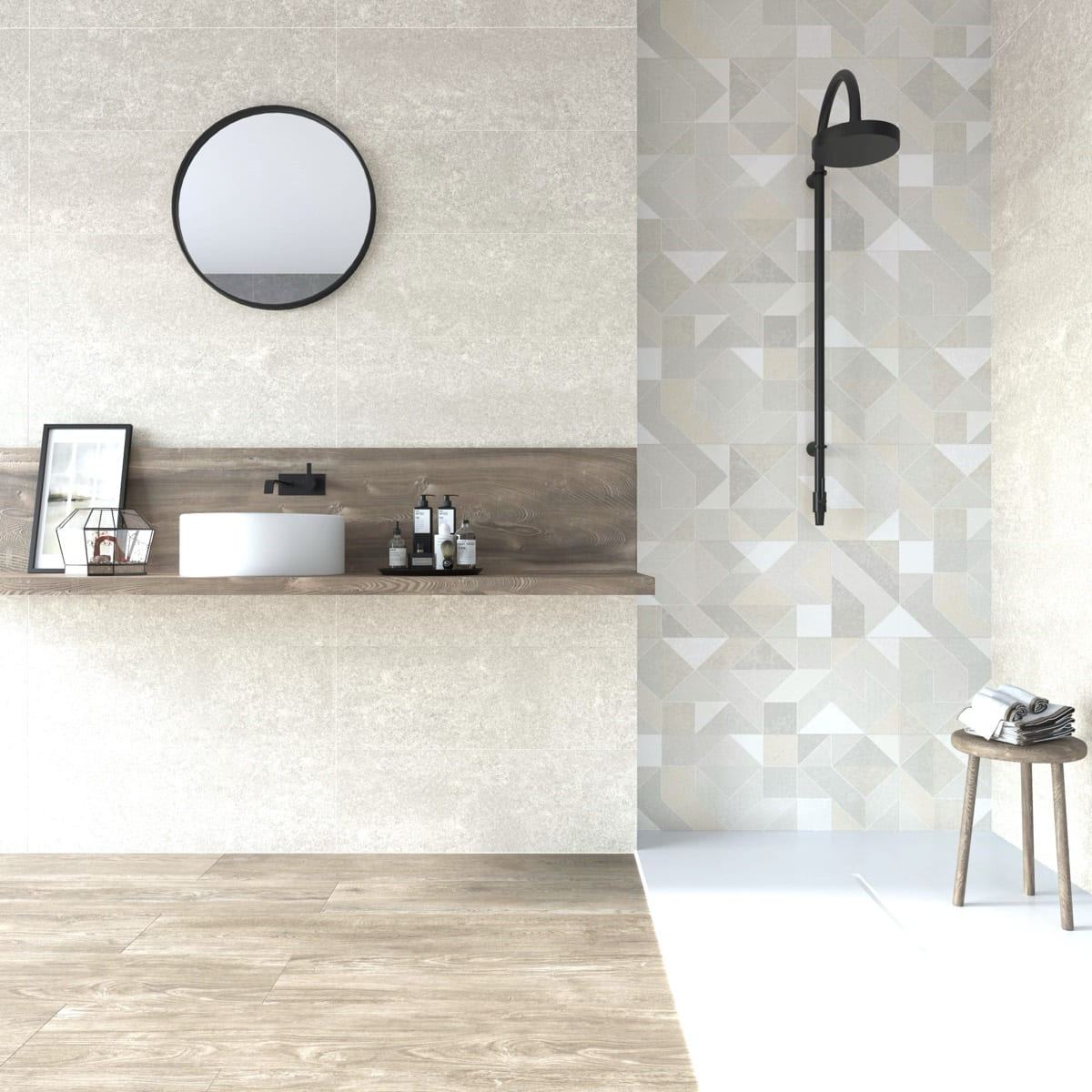 Rodano Marfil ceramic tiles fitted in a room, cream & beige, satin