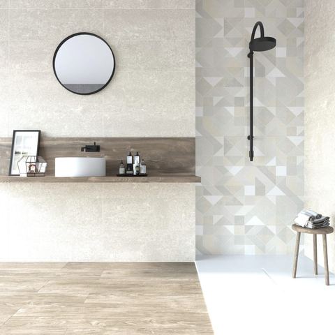 Rodano Marfil ceramic tiles fitted in a room, cream & beige, satin