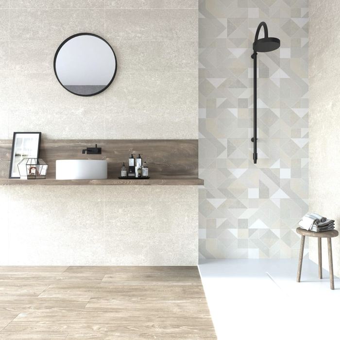 Rodano Marfil ceramic tiles fitted in a room, cream & beige, satin