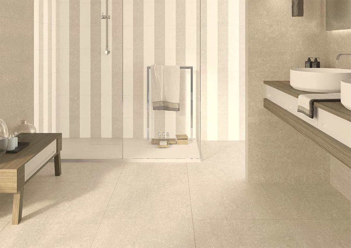 Rodano Natural porcelain tiles fitted in a room, cream & beige, matt