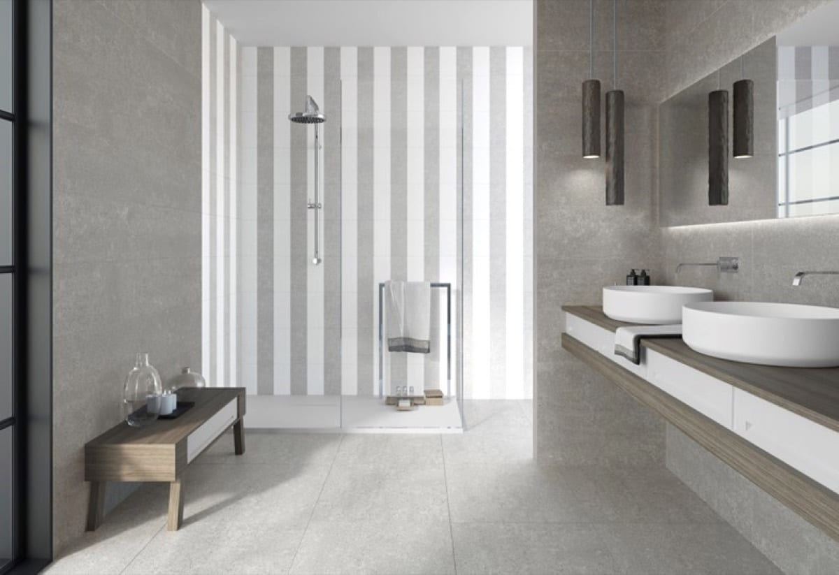 Rodano Perla ceramic tiles fitted in a room, grey, satin