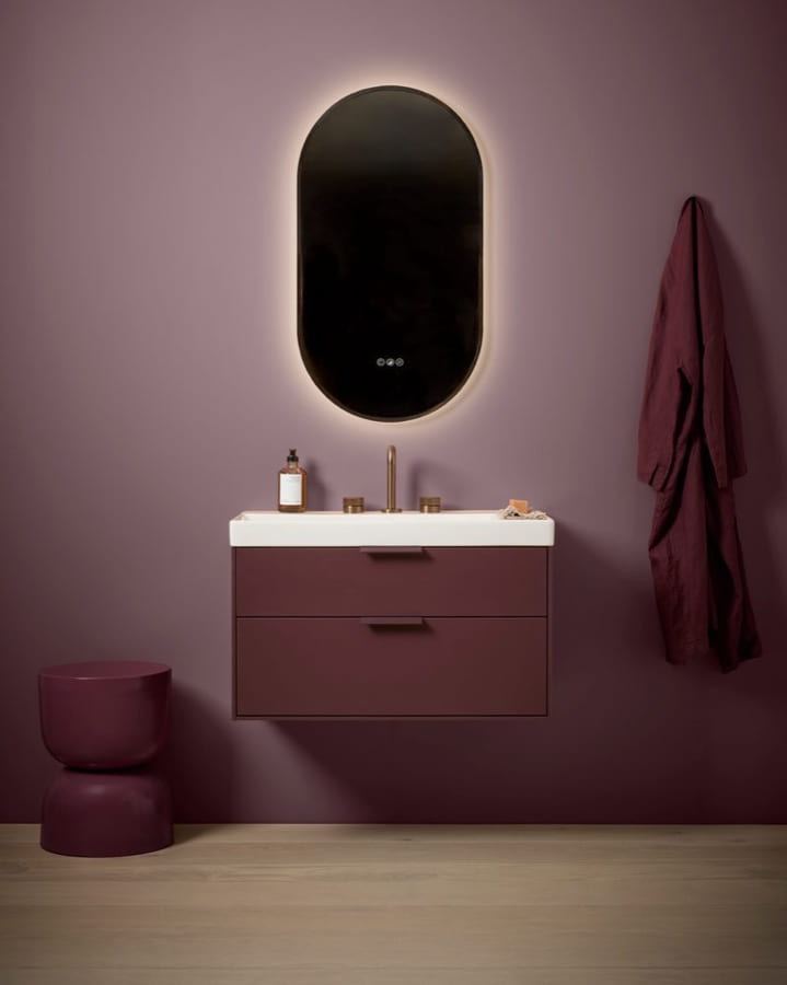 Faber 800 unit in Matt Burgundy with a backlit pill mirror