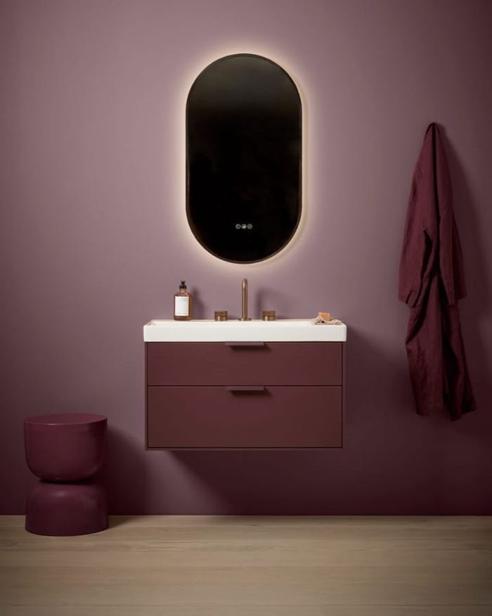 Faber 800 unit in Matt Burgundy with a backlit pill mirror