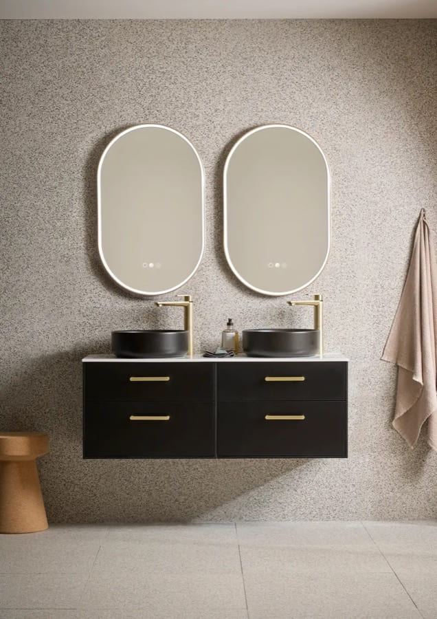 Faber 1200 unit in Matt Black with twin basins and pill mirrors