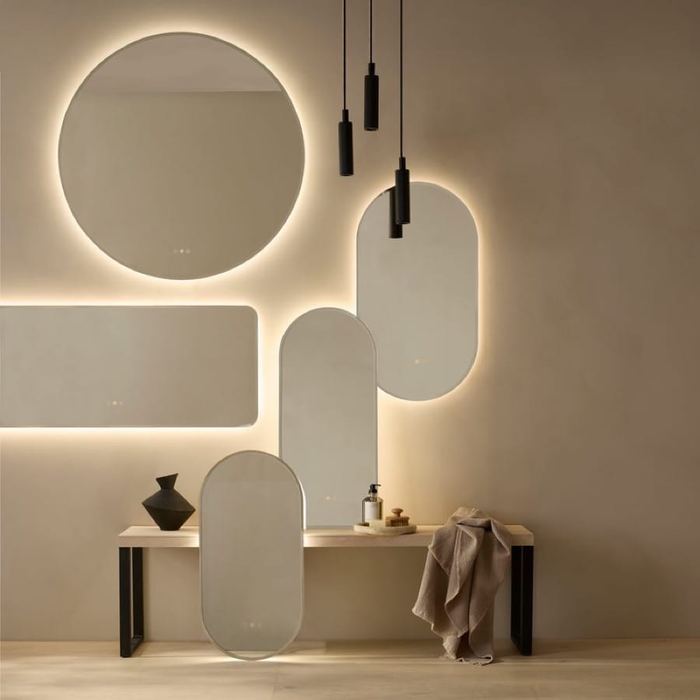 Faber backlit mirrors in circular, rectangular, pill and tall arch shapes