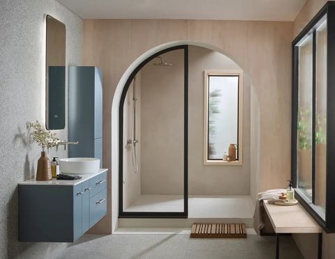 Roper Rhodes Faber bathroom in Matt Dusk Blue, a modular wall-hung slab collection