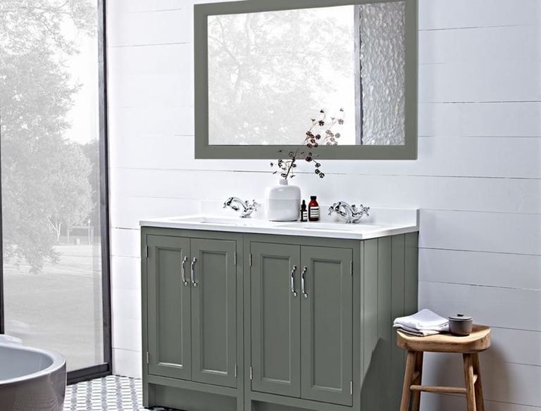 Hampton 1200 underslung vanity unit in Matt Sage Green with a framed mirror