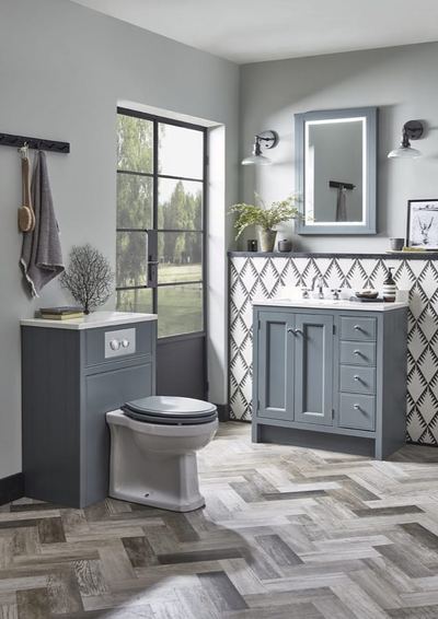 Hampton 800 unit and back-to-wall WC in a herringbone-floored bathroom