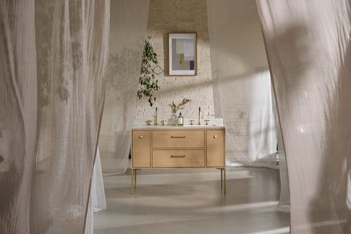 Walcot 1200 vanity unit in Light Oak, full room view