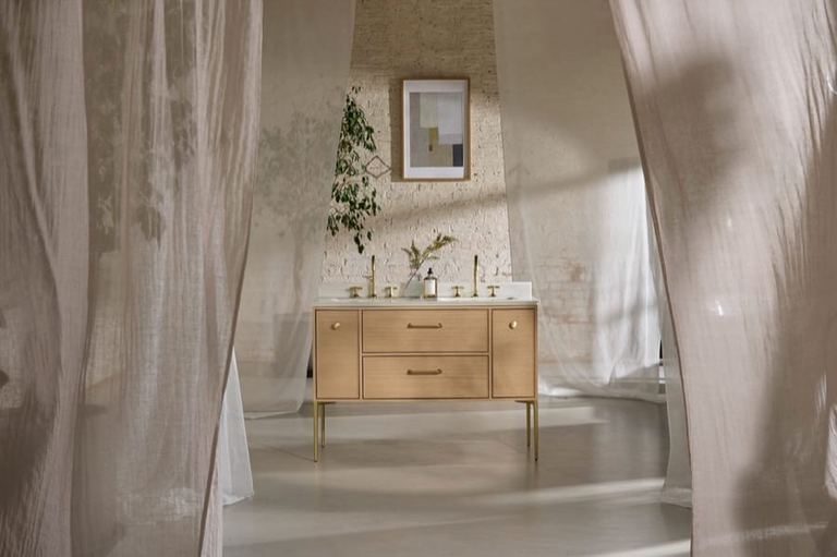 Walcot 1200 vanity unit in Light Oak, full room view