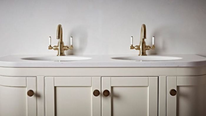 Widcombe double basin unit in Matt Canvas with brushed brass taps
