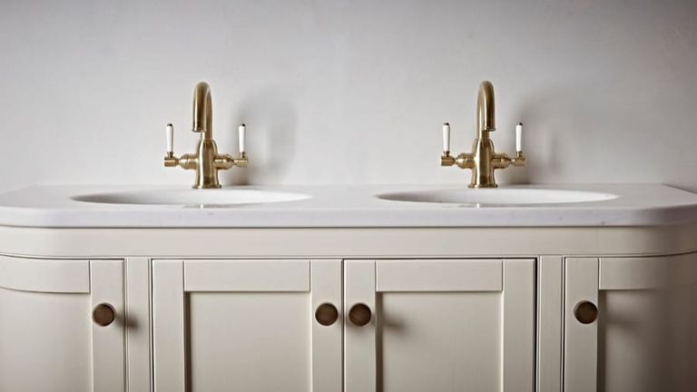 Widcombe double basin unit in Matt Canvas with brushed brass taps