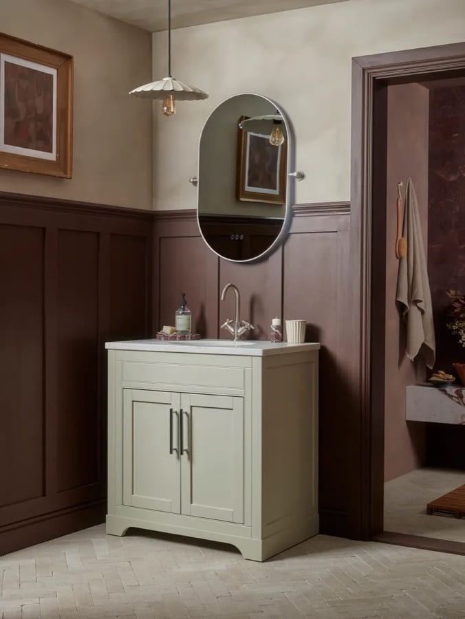 Widcombe 800 freestanding unit in Matt Parchment in a panelled room