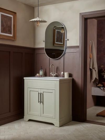 Widcombe 800 freestanding unit in Matt Parchment in a panelled room