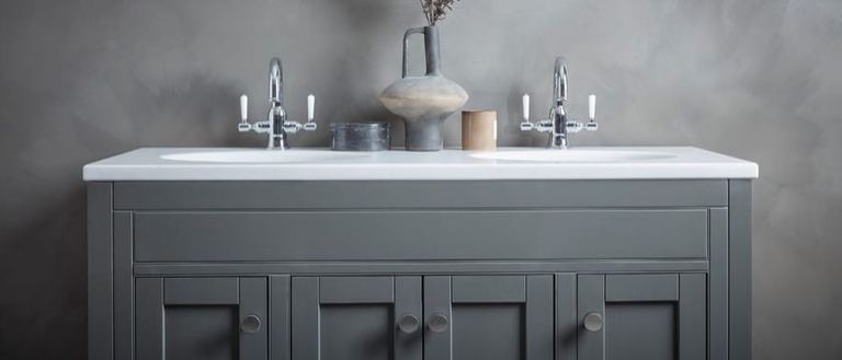 Widcombe vanity unit in Matt Pewter, twin basins and chrome taps
