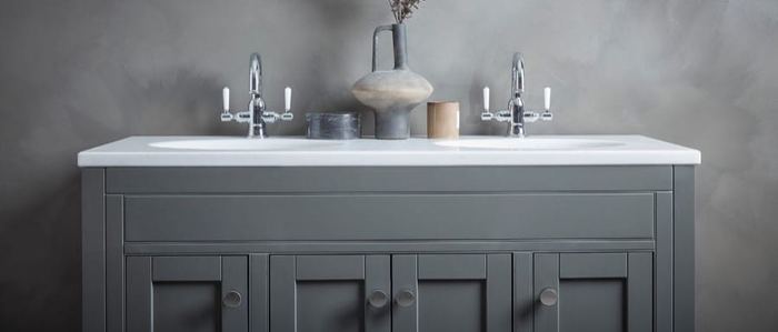 Widcombe vanity unit in Matt Pewter, twin basins and chrome taps