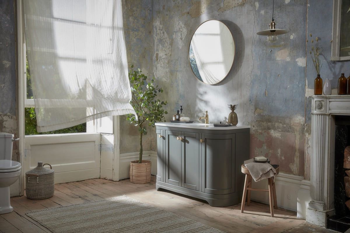 Widcombe 1200 curved vanity unit in Matt Pewter, full room view