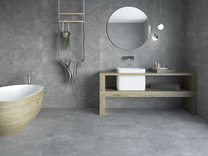 Sander Silver porcelain tiles fitted in a room, grey, matt