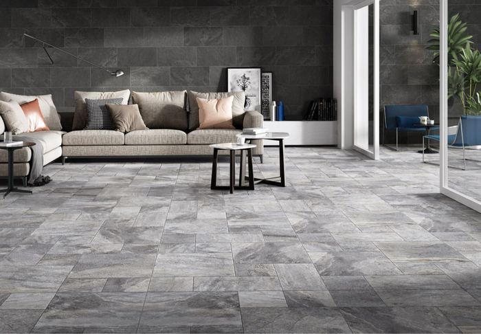 Sanford Grey Modular porcelain tiles fitted in a room, grey, matt