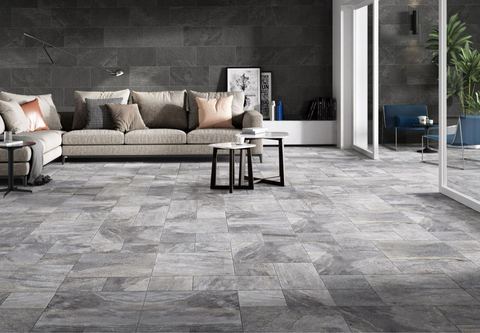 Sanford Grey Modular porcelain tiles fitted in a room, grey, matt