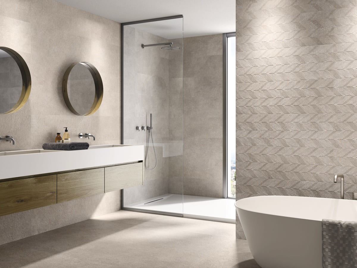 Saw Asphalt Off White porcelain tiles fitted in a room, white, matt