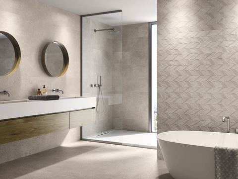 Saw Asphalt Off White porcelain tiles fitted in a room, white, matt