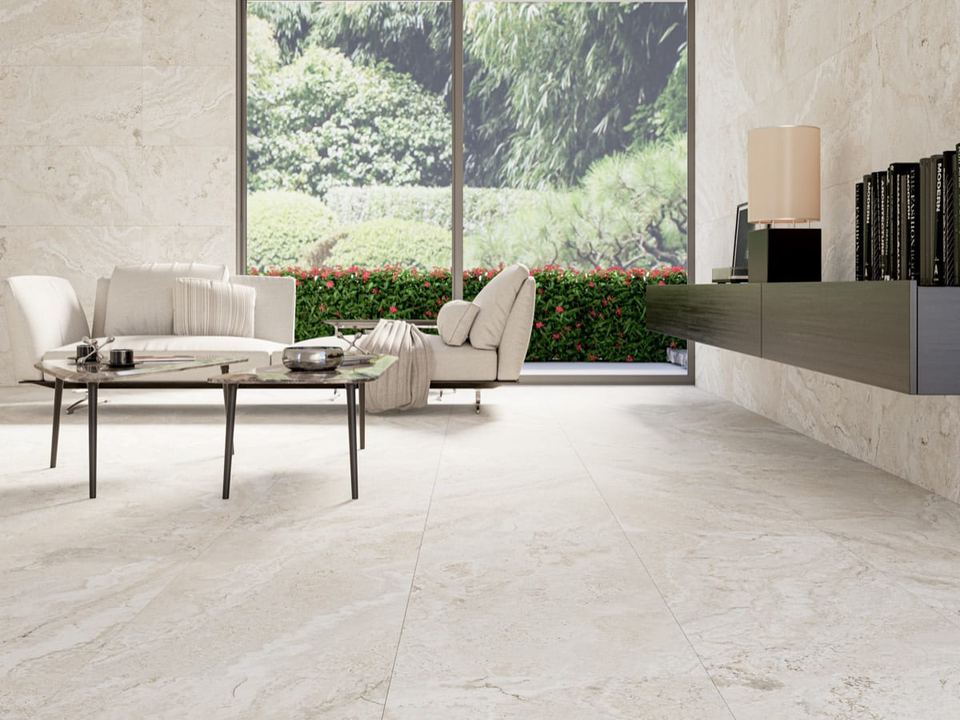 Siena Blanco porcelain tiles fitted in a room, marble-effect, matt