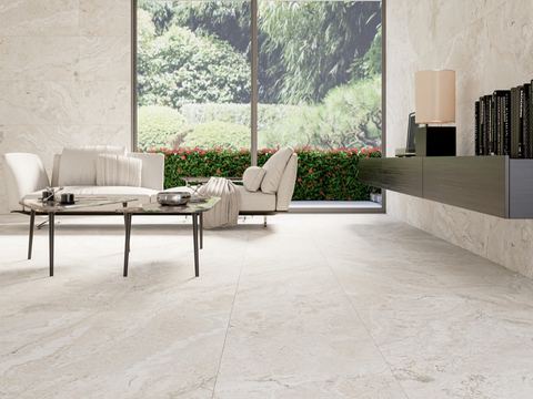 Siena Blanco porcelain tiles fitted in a room, marble-effect, matt