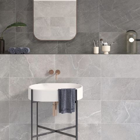 Soul Cement ceramic tiles fitted in a room, grey, matt