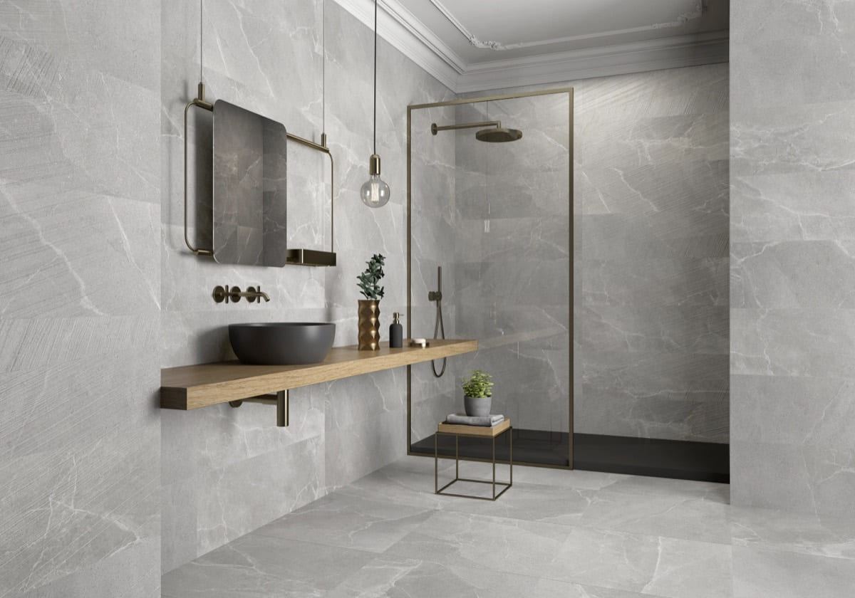 Soul Cement porcelain tiles fitted in a room, grey, matt
