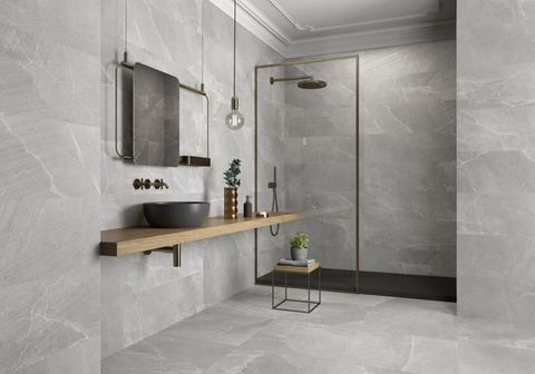Soul Cement porcelain tiles fitted in a room, grey, matt