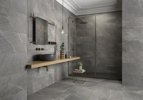 Soul Graphitto porcelain tiles fitted in a room, black, matt
