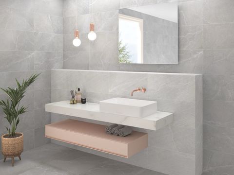 Soul Light ceramic tiles fitted in a room, grey, matt