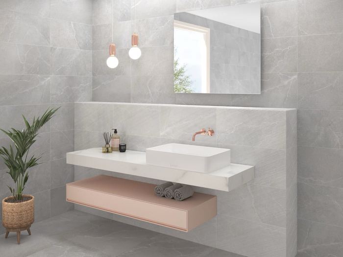 Soul Light ceramic tiles fitted in a room, grey, matt
