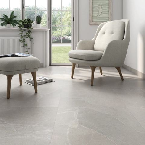 Soul Light porcelain tiles fitted in a room, grey, matt