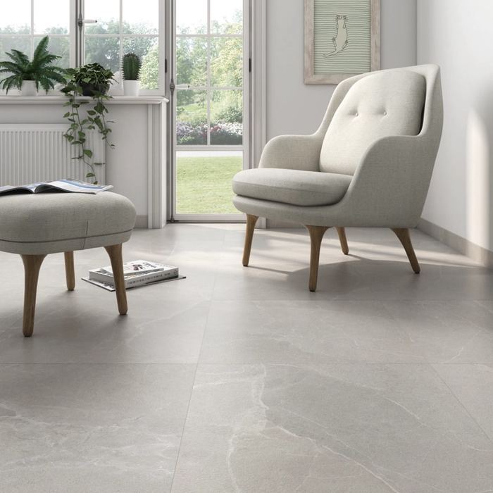 Soul Light porcelain tiles fitted in a room, grey, matt