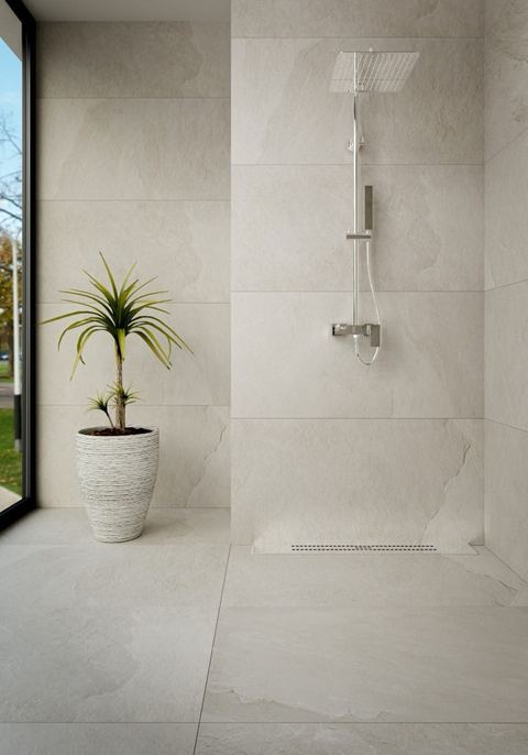 Southrim Bone porcelain tiles fitted in a room, cream & beige, matt