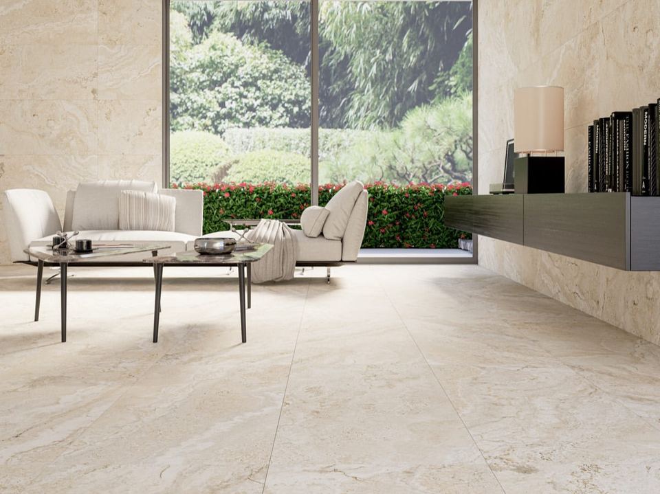 Stena Crema porcelain tiles fitted in a room, marble-effect, matt