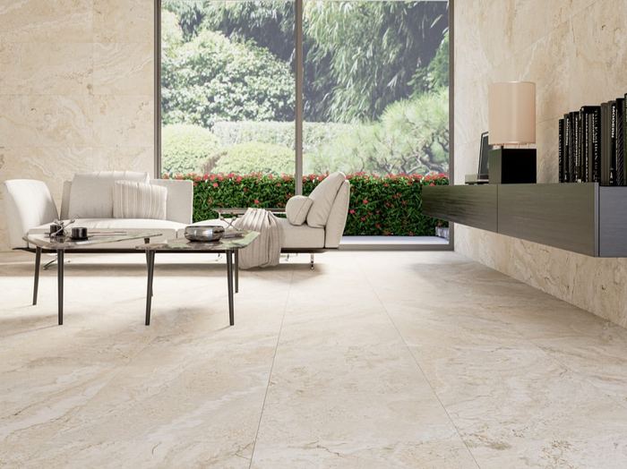Stena Crema porcelain tiles fitted in a room, marble-effect, matt