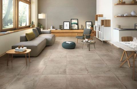 Stoneway Ardesia Beige porcelain tiles fitted in a room, cream & beige, matt