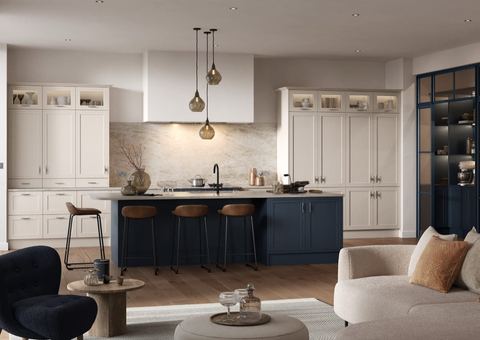 STORI Arrington kitchen in Shell & Slate Blue, an in-frame effect narrow shaker door