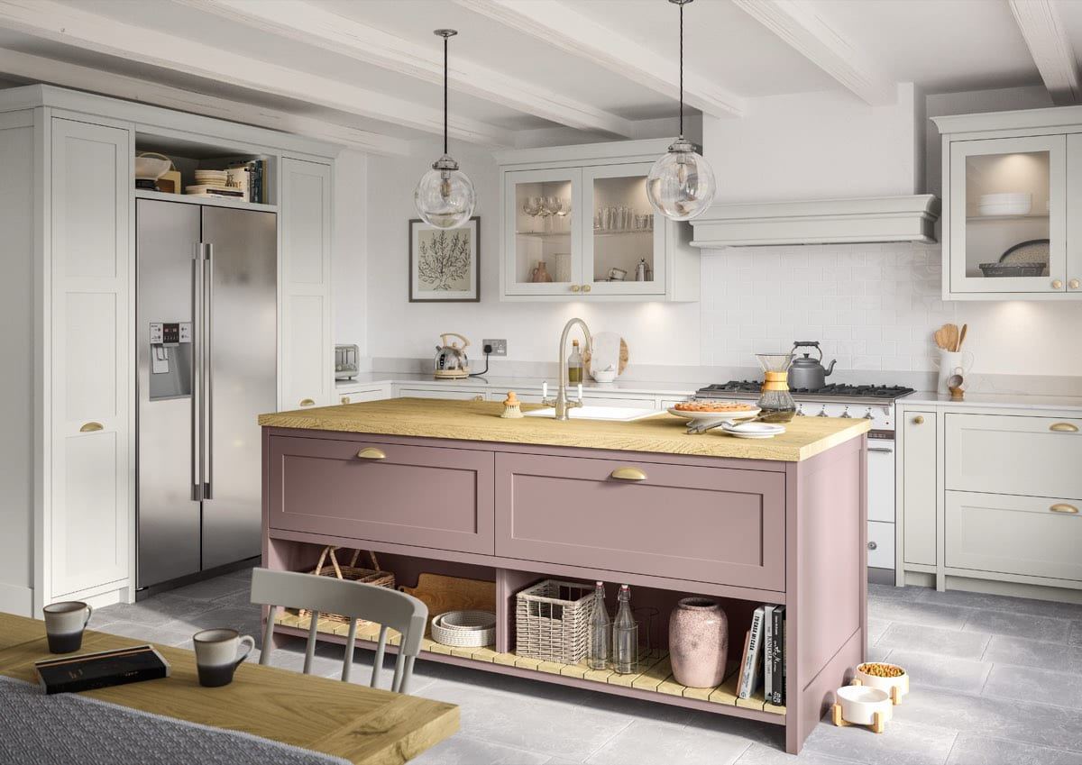 Clifden kitchen in Light Grey & Vintage Pink, full room view