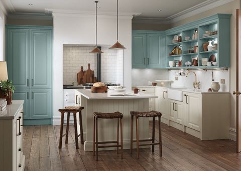 STORI Jacobsen kitchen in Light Teal & Taupe Grey, an in-frame effect raised centre panel door