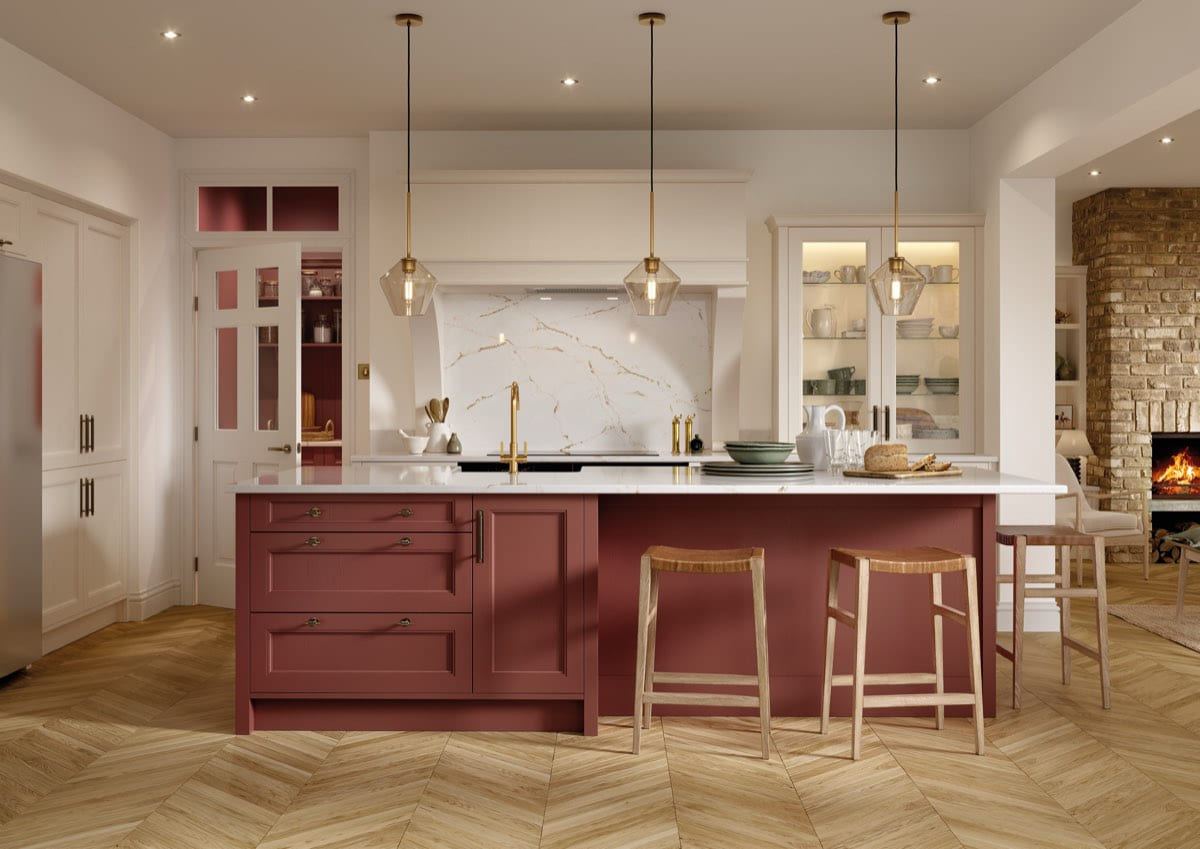 Lawrenson kitchen in Shell & Antique Red, full room view