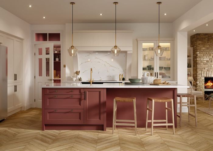 Lawrenson kitchen in Shell & Antique Red, full room view