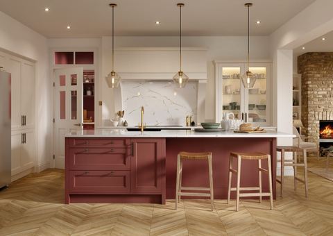 STORI Lawrenson kitchen in Shell & Antique Red, a narrow shaker with double step profile door