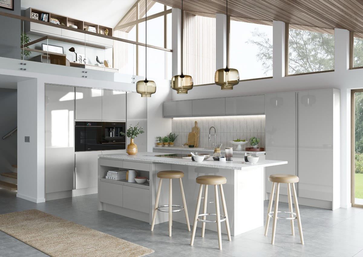 Strada Gloss kitchen in Light Grey, full room view